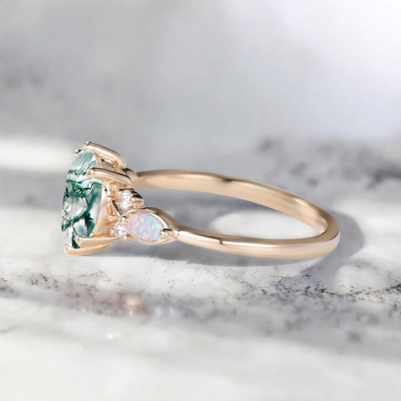 Bague de fiançailles vintage ovale en pierre de lune, bague de promesse unique en opale et moissanite