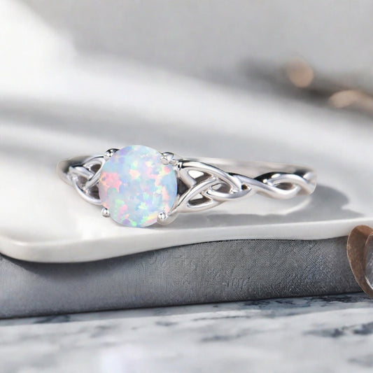 Art Deco Opal Solitaire Ring S925 Silver Round Cut White-Pink Gemstone Engagement Ring Unique Promise Ring Anniversary Gift For Women