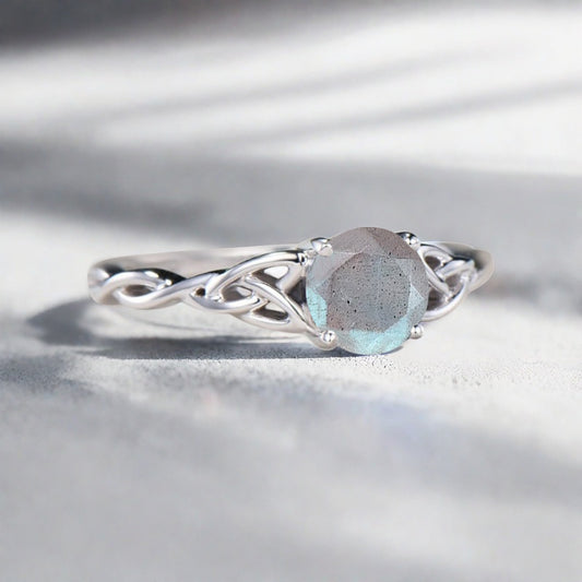 Art Deco Herkimer Solitaire Ring S925 Silver Round Cut Grey Gemstone Engagement Ring Unique Promise Ring Anniversary Gift For Women