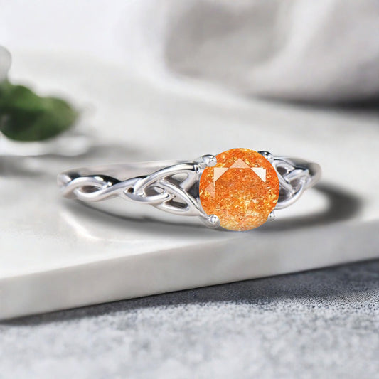 Art Deco Sunstone Solitaire Ring S925 Silver Round Cut Orange Gemstone Engagement Ring Unique Promise Ring Anniversary Gift For Women