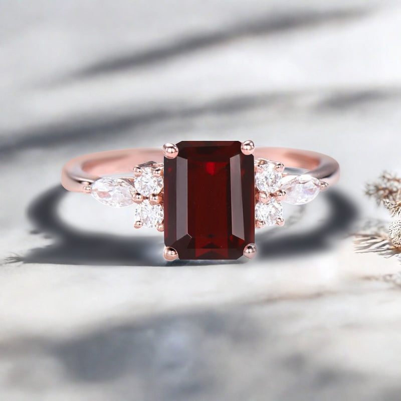Lab Ruby Engagement Ring Emerald Cut Vintage Rose Gold Moissanite Cluster Ring Bridal Promise Ring