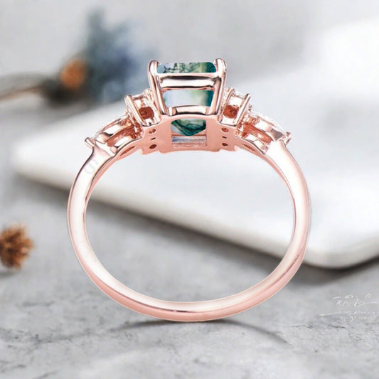 Lab Moss Agate Engagement Ring Emerald Cut Vintage Rose Gold Moss Agate Cluster Ring Bridal Promise Ring