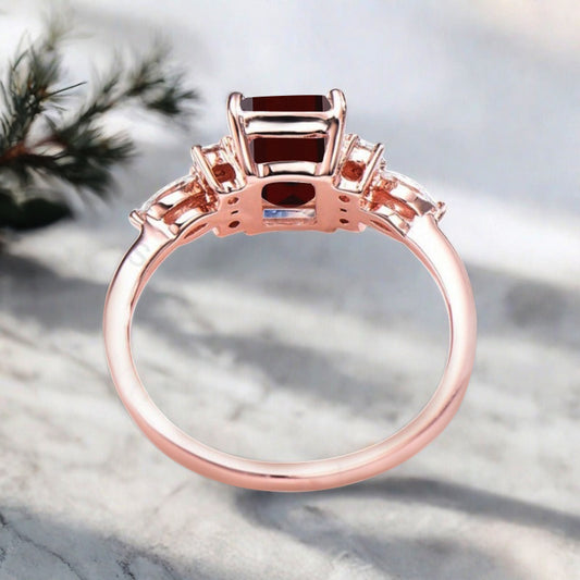 Lab Ruby Engagement Ring Emerald Cut Vintage Rose Gold Moissanite Cluster Ring Bridal Promise Ring