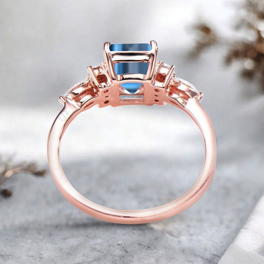 Lab Blue Topaz Engagement Ring Emerald Cut Vintage Rose Gold Moissanite Cluster Ring Bridal Promise Ring