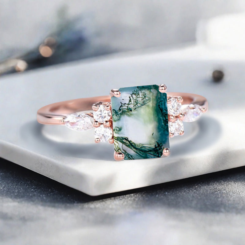 Lab Moss Agate Engagement Ring Emerald Cut Vintage Rose Gold Moss Agate Cluster Ring Bridal Promise Ring