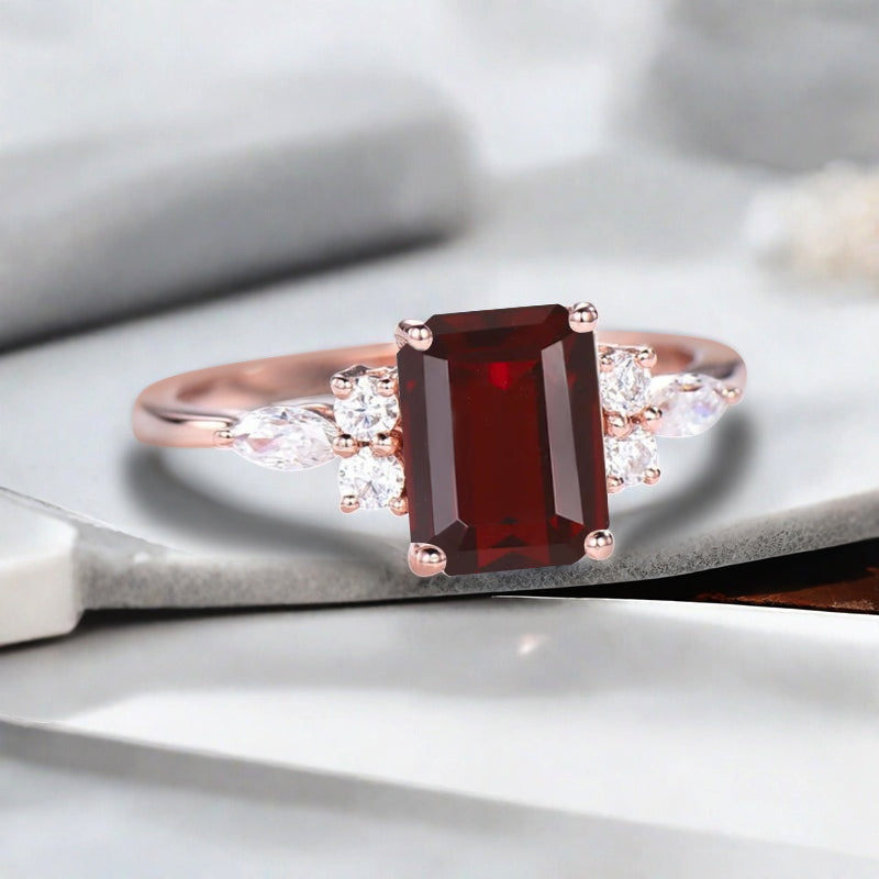 Lab Ruby Engagement Ring Emerald Cut Vintage Rose Gold Moissanite Cluster Ring Bridal Promise Ring