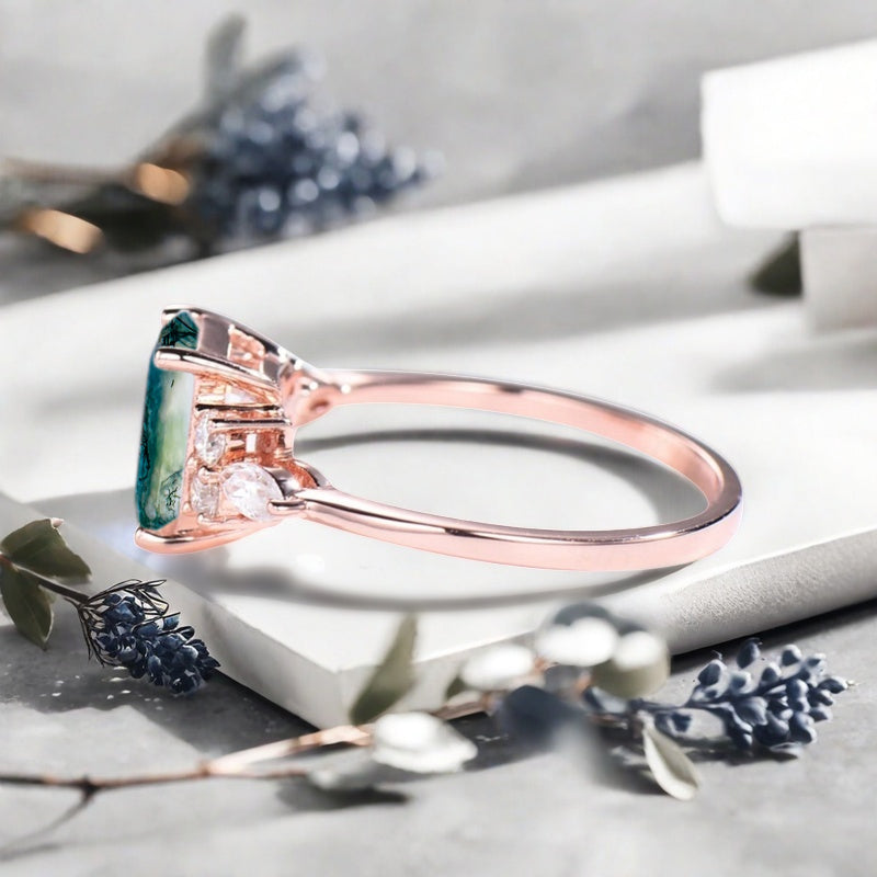 Lab Moss Agate Engagement Ring Emerald Cut Vintage Rose Gold Moss Agate Cluster Ring Bridal Promise Ring