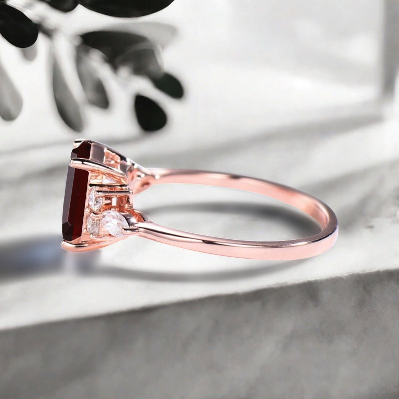 Lab Ruby Engagement Ring Emerald Cut Vintage Rose Gold Moissanite Cluster Ring Bridal Promise Ring