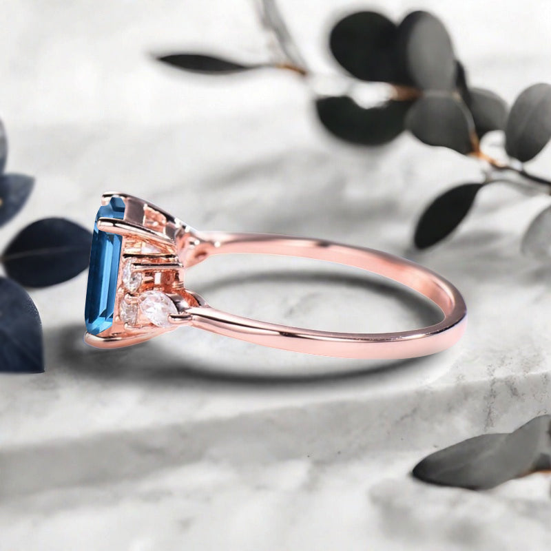 Lab Blue Topaz Engagement Ring Emerald Cut Vintage Rose Gold Moissanite Cluster Ring Bridal Promise Ring