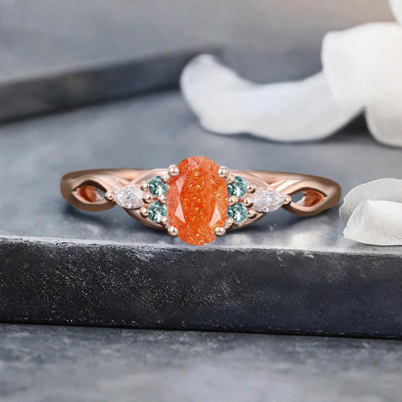 Vintage Oval Sunstone Engagement Ring Unique Moss Agate Sidestones Oval Gemstone Promise Ring