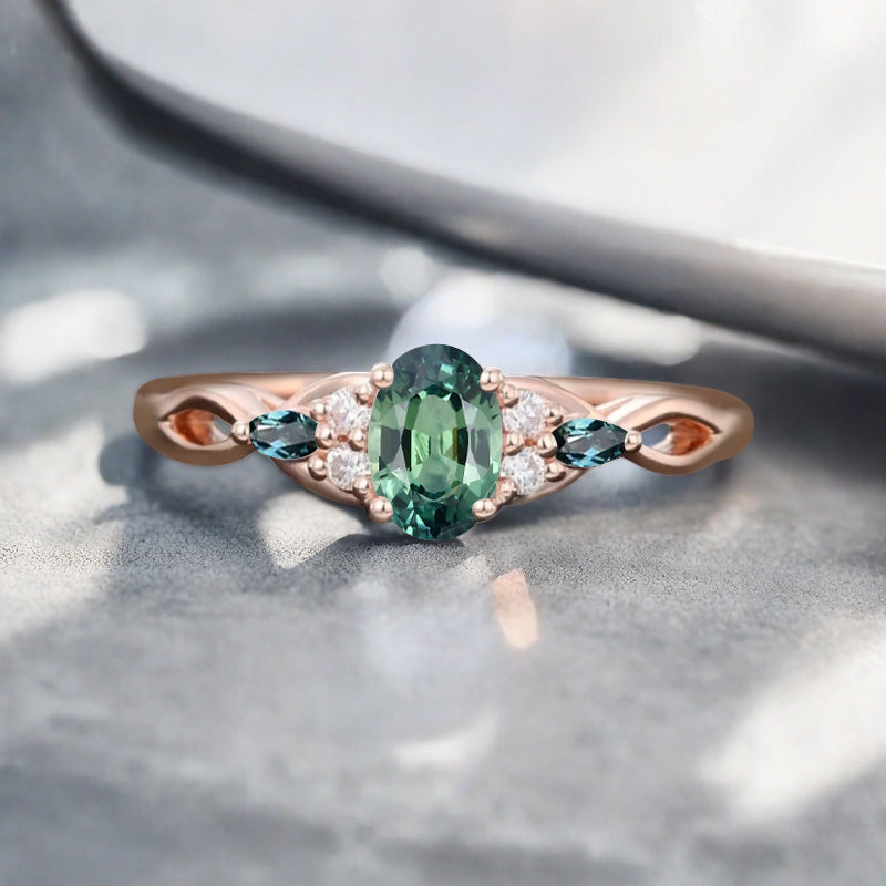 Vintage Oval Tsavorite Engagement Ring Unique Aquamarine Sidestones Oval Gemstone Promise Ring