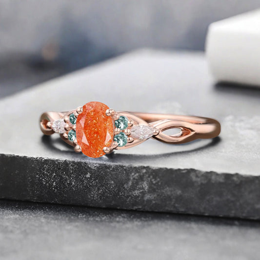 Vintage Oval Sunstone Engagement Ring Unique Moss Agate Sidestones Oval Gemstone Promise Ring
