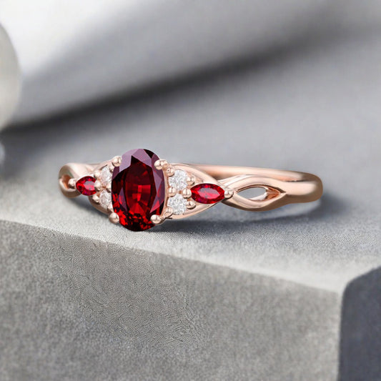 Vintage Oval Ruby Engagement Ring Unique Ruby Sidestones Oval Gemstone Promise Ring