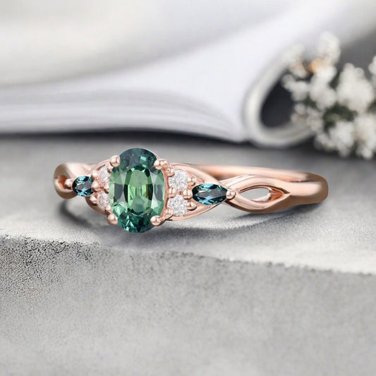 Vintage Oval Tsavorite Engagement Ring Unique Aquamarine Sidestones Oval Gemstone Promise Ring