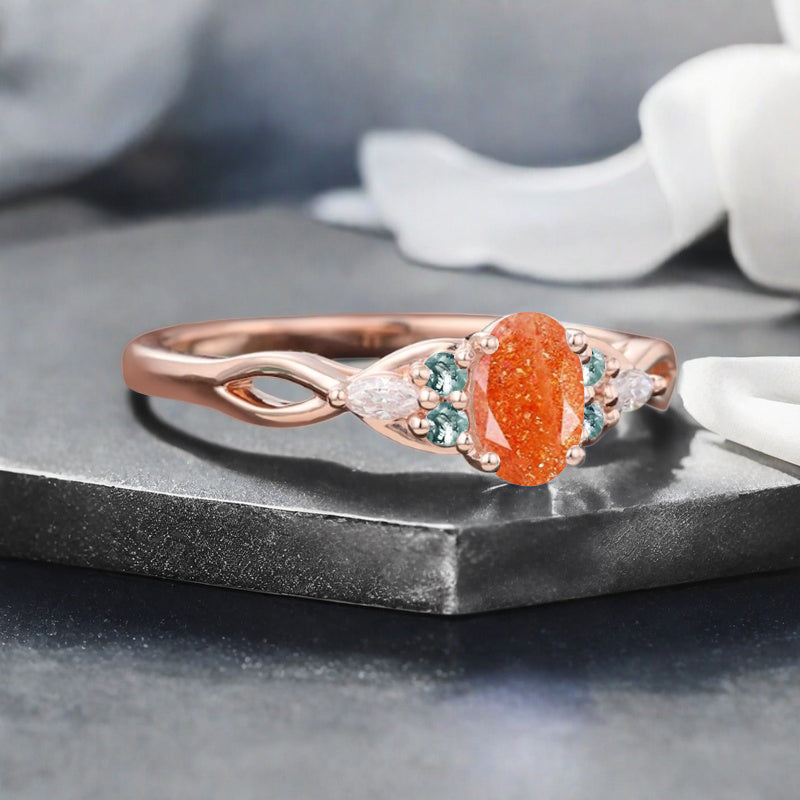 Vintage Oval Sunstone Engagement Ring Unique Moss Agate Sidestones Oval Gemstone Promise Ring