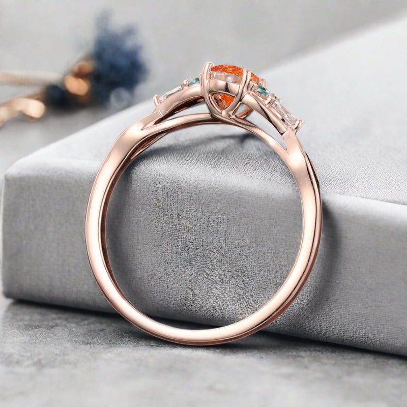 Vintage Oval Sunstone Engagement Ring Unique Moss Agate Sidestones Oval Gemstone Promise Ring