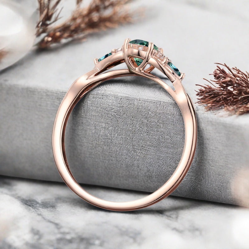 Vintage Oval Tsavorite Engagement Ring Unique Aquamarine Sidestones Oval Gemstone Promise Ring