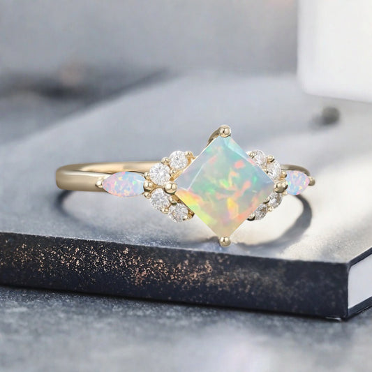 Vintage Princess Cut Ring, Opal Engagement Ring, September Birthstone Sterling Silver Ring, Handmade 18K Gold Art Deco Promise Ring