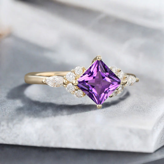 Vintage Princess Cut Ring, Amethyst Engagement Ring, September Birthstone Sterling Silver Ring, Handmade 18K Gold Art Deco Promise Ring