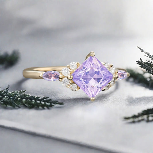 Vintage Princess Cut Ring, Amethyst Engagement Ring, September Birthstone Sterling Silver Ring, Handmade 18K Gold Art Deco Promise Ring