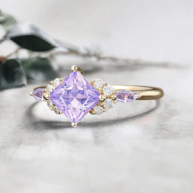 Vintage Princess Cut Ring, Amethyst Engagement Ring, September Birthstone Sterling Silver Ring, Handmade 18K Gold Art Deco Promise Ring