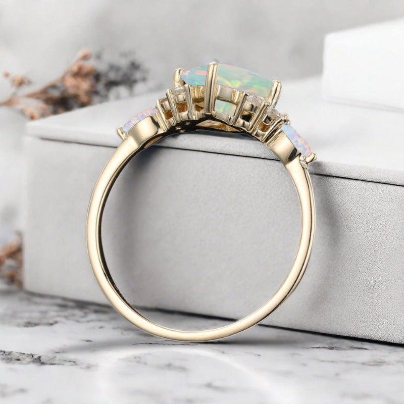 Vintage Princess Cut Ring, Opal Engagement Ring, September Birthstone Sterling Silver Ring, Handmade 18K Gold Art Deco Promise Ring