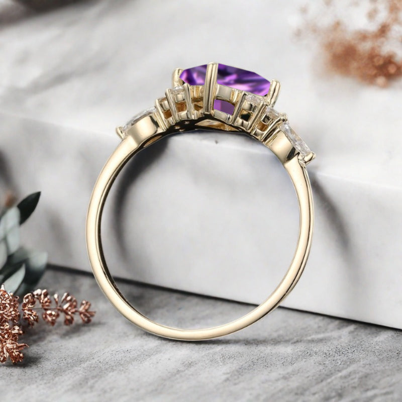 Vintage Princess Cut Ring, Amethyst Engagement Ring, September Birthstone Sterling Silver Ring, Handmade 18K Gold Art Deco Promise Ring