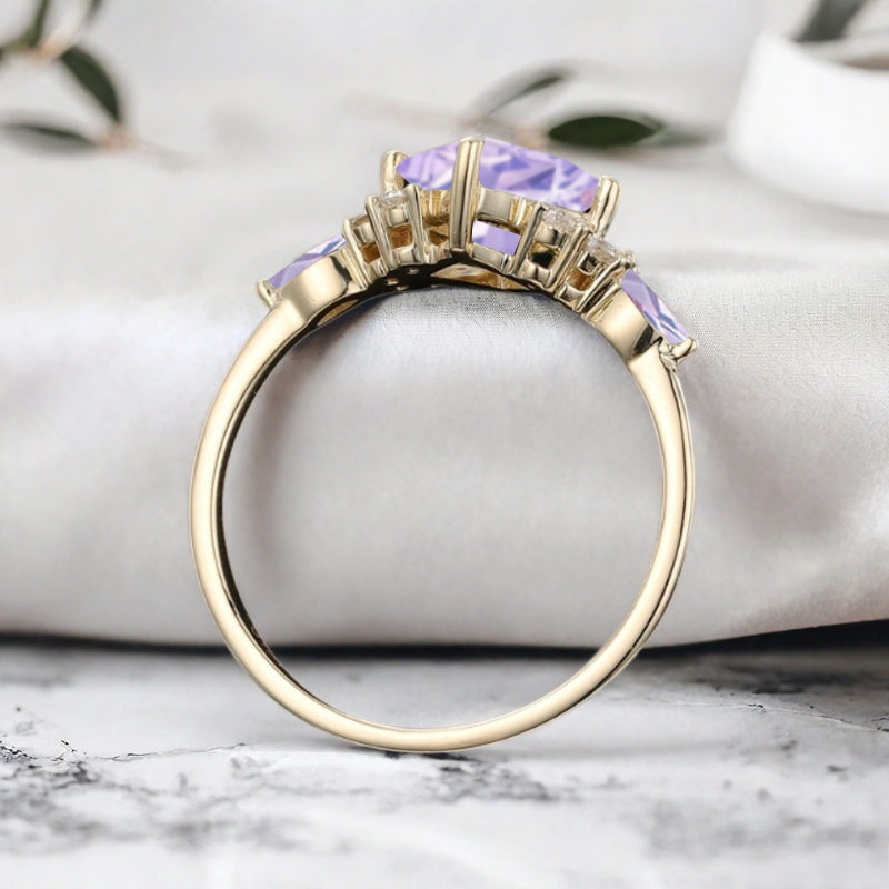 Vintage Princess Cut Ring, Amethyst Engagement Ring, September Birthstone Sterling Silver Ring, Handmade 18K Gold Art Deco Promise Ring
