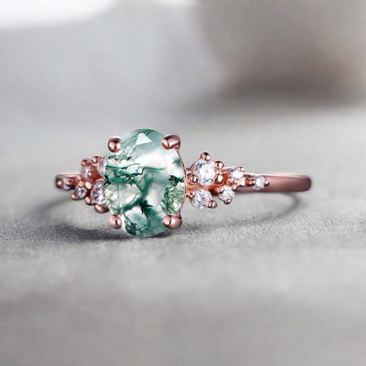 Vintage Moss Agate Ring Solid 10k Rose Gold Ring Solitaire Ring Oval Cut Green Agate Engagement Ring Anniversary Gift Ring For Her