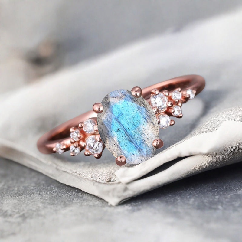 Vintage Labradorite Ring Solid 10k Rose Gold Ring Solitaire Ring Oval Cut White-Blue Engagement Ring Anniversary Gift Ring For Her