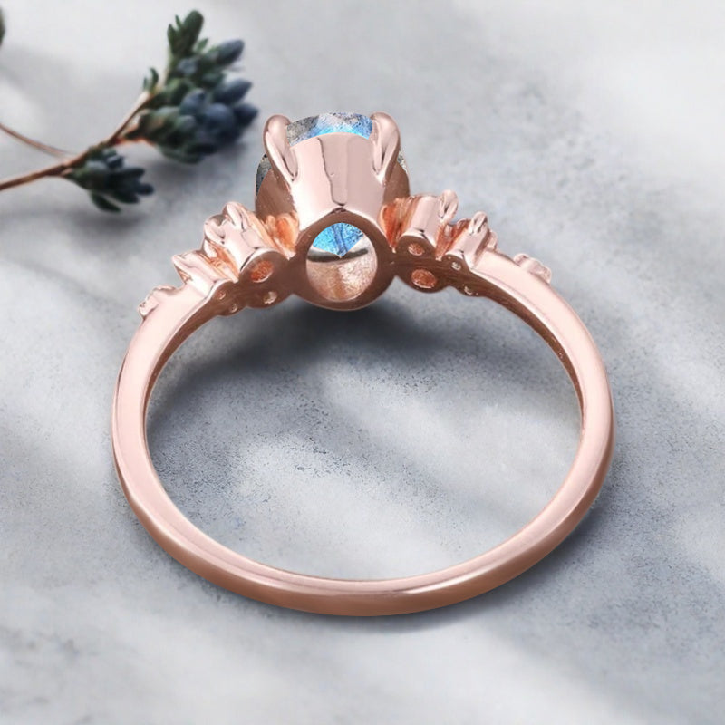 Vintage Labradorite Ring Solid 10k Rose Gold Ring Solitaire Ring Oval Cut White-Blue Engagement Ring Anniversary Gift Ring For Her