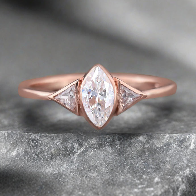 Unique Vintage Marquise Cut Moissanite Ring Solitaire Engagement Ring Art Deco Moissanite Ring Handcrafted 14k Rose Gold Ring Bridal Promise Ring