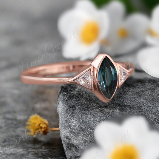 Unique Vintage Marquise Cut Blue-Green Sapphire Ring Solitaire Engagement Ring Art Deco Blue Green Sapphire Ring Handcrafted 14k Rose Gold Ring Bridal Promise Ring