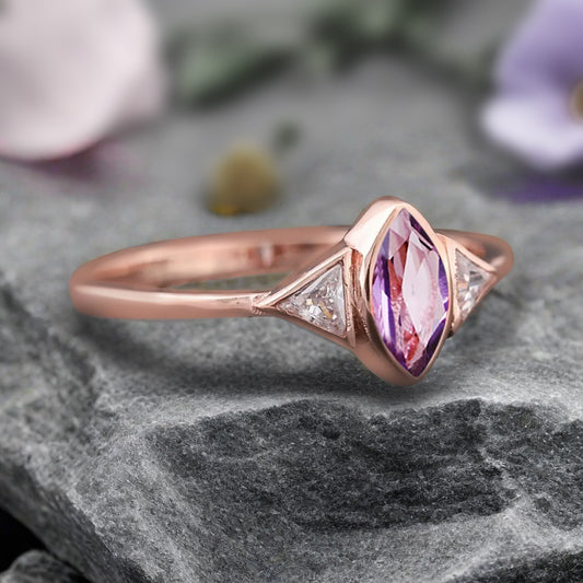Unique Vintage Marquise Cut Amethyst Ring Solitaire Engagement Ring Art Deco Amethyst Ring Handcrafted 14k Rose Gold Ring Bridal Promise Ring