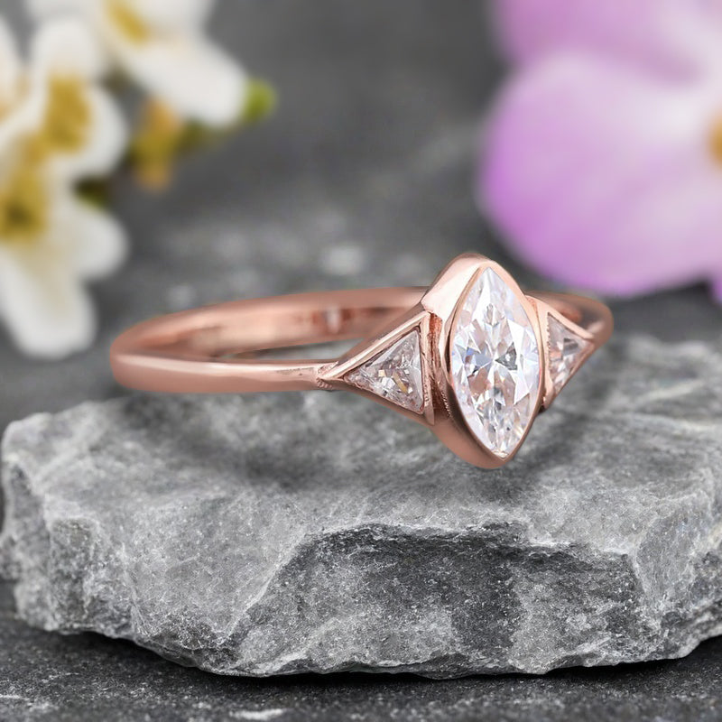 Unique Vintage Marquise Cut Moissanite Ring Solitaire Engagement Ring Art Deco Moissanite Ring Handcrafted 14k Rose Gold Ring Bridal Promise Ring