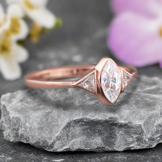 Unique Vintage Marquise Cut Moissanite Ring Solitaire Engagement Ring Art Deco Moissanite Ring Handcrafted 14k Rose Gold Ring Bridal Promise Ring