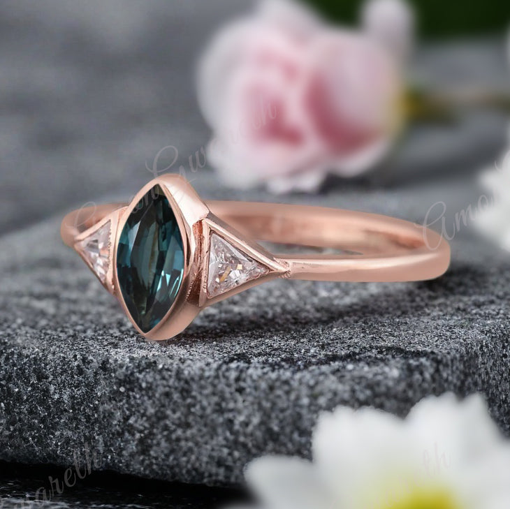 Unique Vintage Marquise Cut Blue-Green Sapphire Ring Solitaire Engagement Ring Art Deco Blue Green Sapphire Ring Handcrafted 14k Rose Gold Ring Bridal Promise Ring