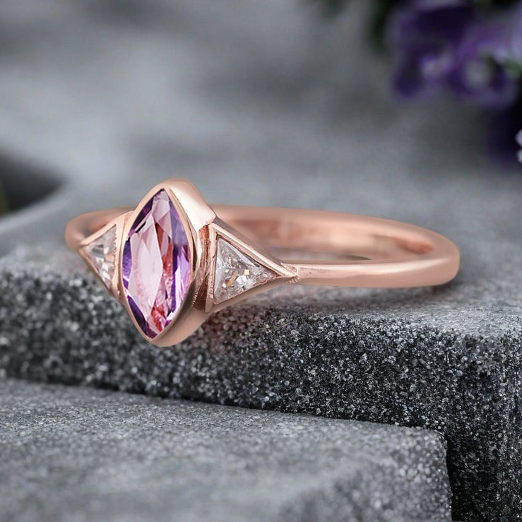 Unique Vintage Marquise Cut Amethyst Ring Solitaire Engagement Ring Art Deco Amethyst Ring Handcrafted 14k Rose Gold Ring Bridal Promise Ring