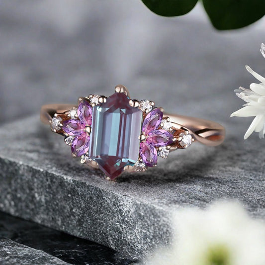 Vintage Hexagon Cut Alexandrite Engagement Ring Amethyst Wedding Ring Art Deco Rose Gold Dainty Bridal Ring Anniversary Ring
