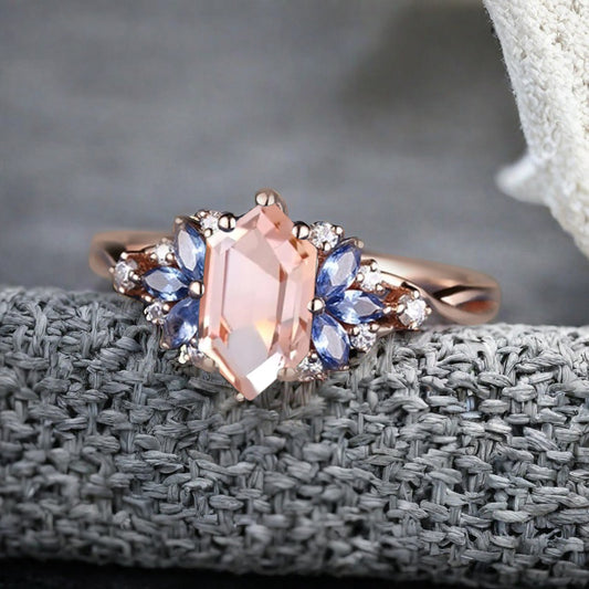 Vintage Hexagon Cut Pink Sapphire Engagement Ring Blue Topaz Wedding Ring Art Deco Rose Gold Dainty Bridal Ring Anniversary Ring