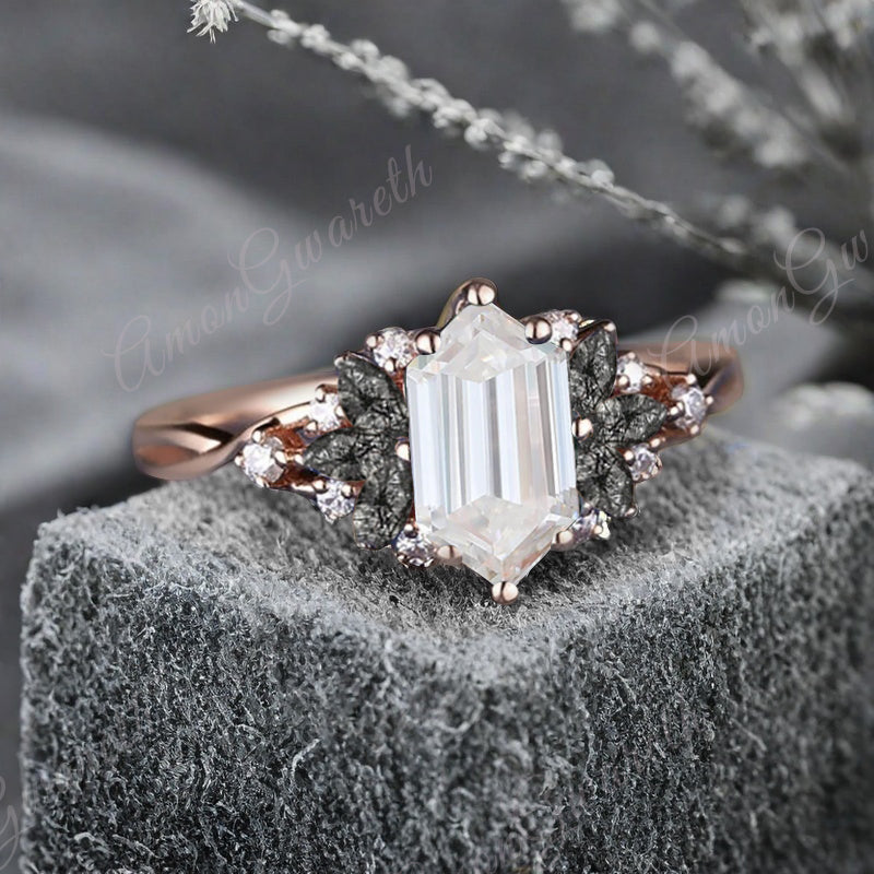 Vintage Hexagon Cut Moissanite Engagement Ring Black Rutilated Quartz Wedding Ring Art Deco Rose Gold Dainty Bridal Ring Anniversary Ring