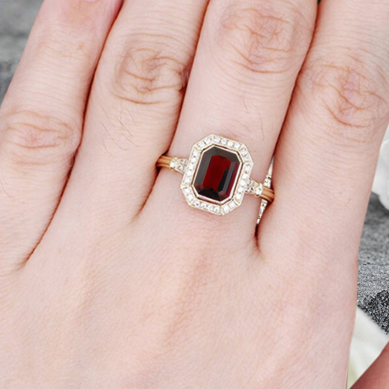 Vintage Ruby Emerald Cut Ring Art Deco Ruby Engagement Rings July Birthstone Ring Handmade Octagon Gemstone Statement Ring Personalized Jewelry Gift For Her