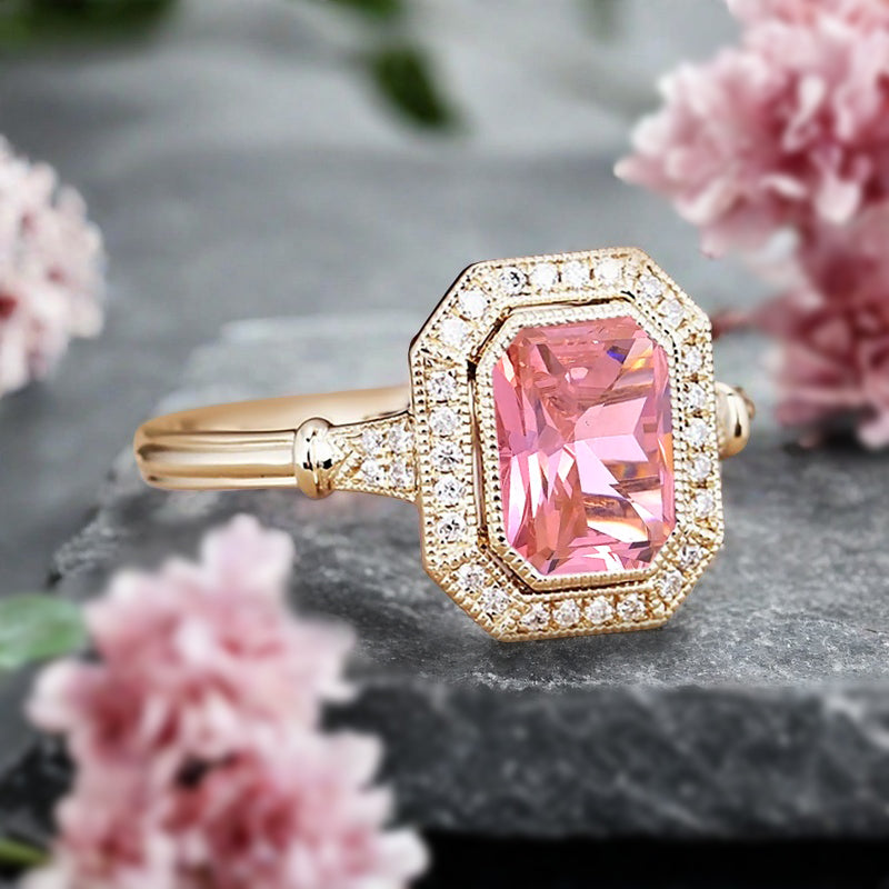 Vintage Pink Sapphire Emerald Cut Ring Art Deco Pink Sapphire Engagement Rings July Birthstone Ring Handmade Octagon Gemstone Statement Ring Personalized Jewelry Gift For Her