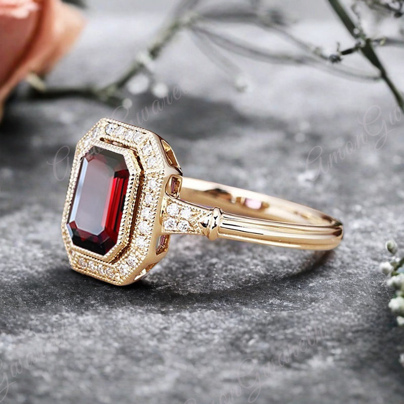 Vintage Ruby Emerald Cut Ring Art Deco Ruby Engagement Rings July Birthstone Ring Handmade Octagon Gemstone Statement Ring Personalized Jewelry Gift For Her