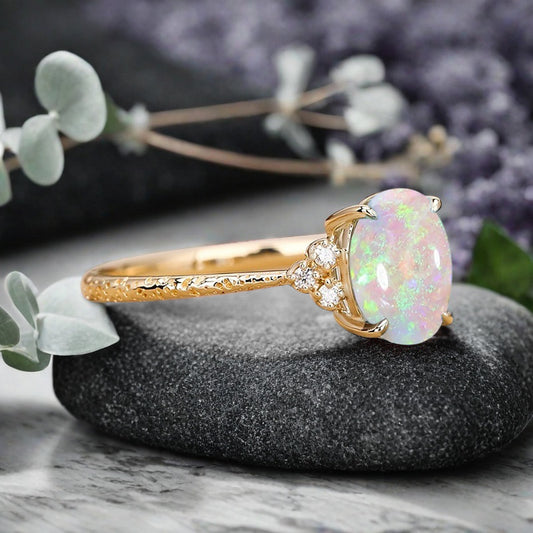 Vintage Unique Opal Engagement Ring Solid 14K Gold Pink-White Opal Ring July Birthstone Ring Delicate Opal Gemstone Ring Handmade Bridal Jewelry