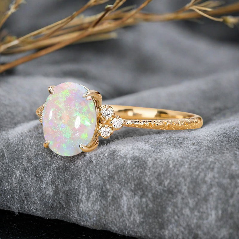 Vintage Unique Opal Engagement Ring Solid 14K Gold Pink-White Opal Ring July Birthstone Ring Delicate Opal Gemstone Ring Handmade Bridal Jewelry