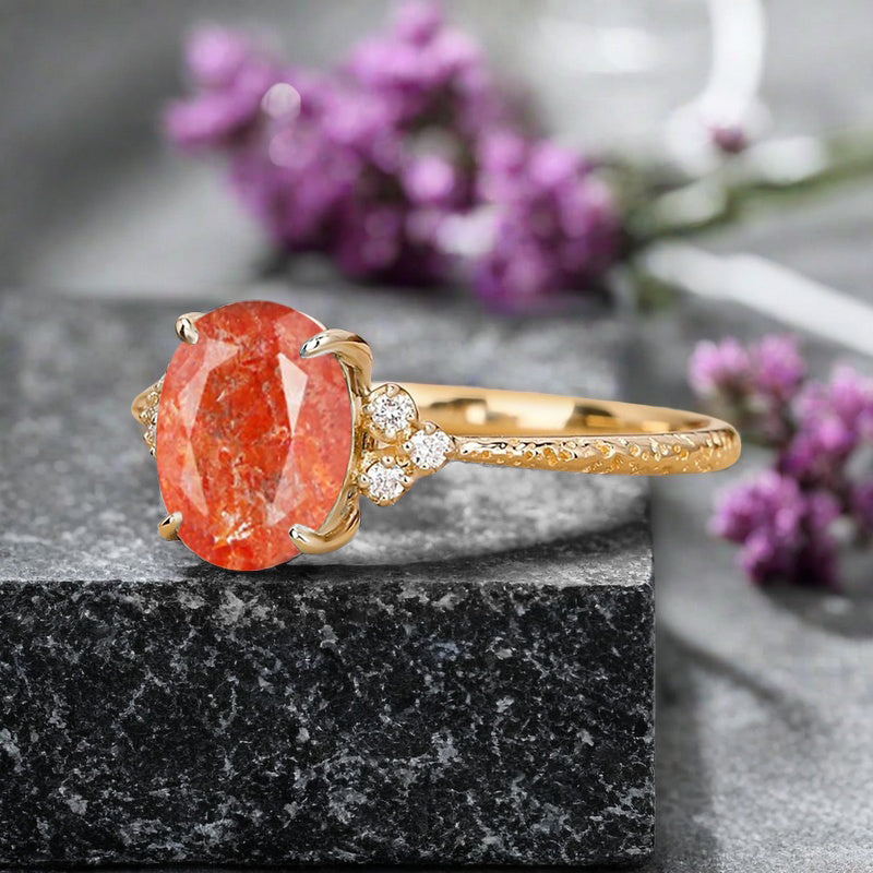 Vintage Unique Sunstone Engagement Ring Solid 14K Gold Orange Sunstone Ring July Birthstone Ring Delicate Sunstone Ring Handmade Bridal Jewelry