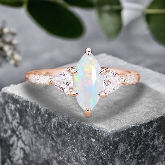 Vintage Marquise Cut Natural Opal Engagement Ring Sets Nature Inspired Cluster Promise Ring Rose Gold Art Deco Women Gift