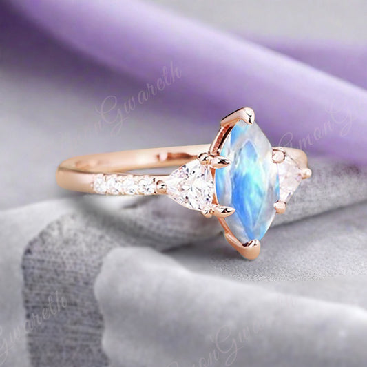 Vintage Marquise Cut Natural Moonstone Engagement Ring Sets Nature Inspired Cluster Promise Ring Rose Gold Art Deco Women Gift