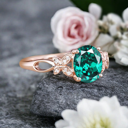 Vintage Oval Emerald Engagement Ring Unique Oval Emerald Gemstone Promise Ring
